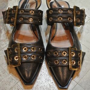 STEVE MADDEN DARK BROWN SLING BACK GOLD BUCKLE FLATS,NWOT